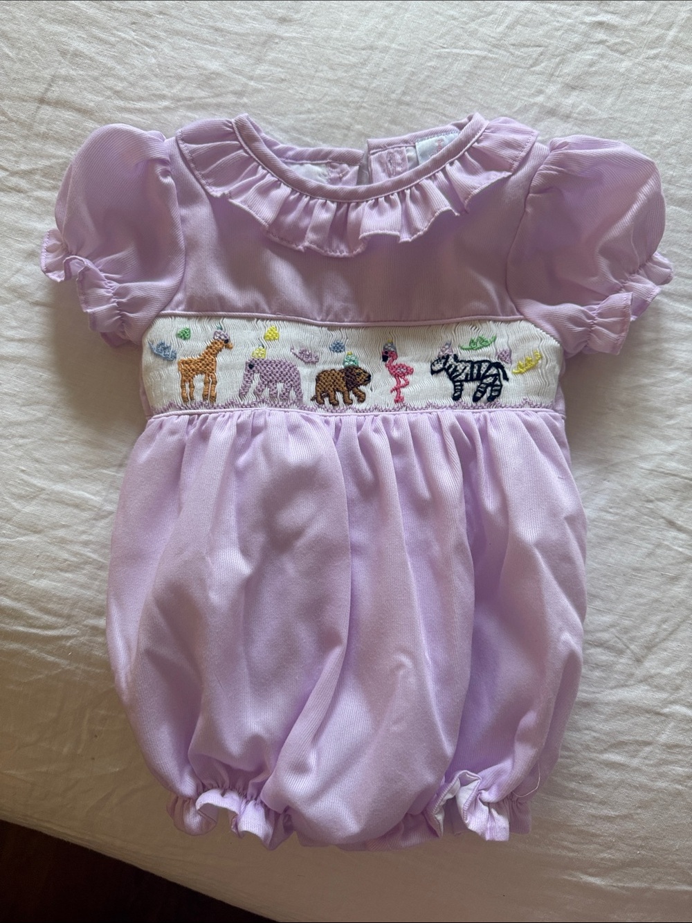 Baby Bubble Romper with Smocked Animal Embroidery